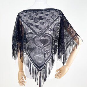 Vintage Fringe Poncho Heart Shawl Cape Valentines Day Lace Whimsigoth Romantic